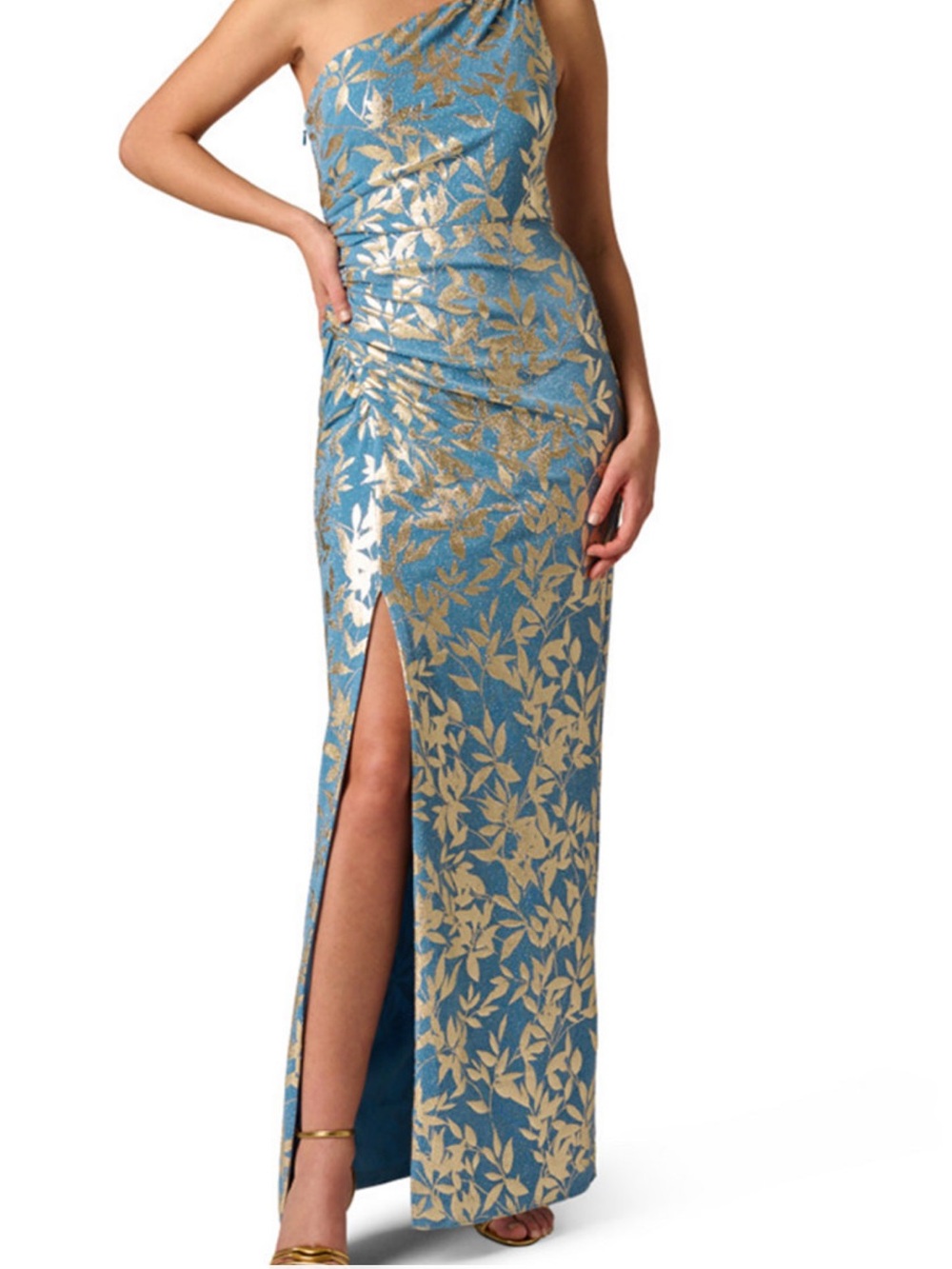 Adrianna Papell One-Shoulder Blue Gown with Gold Leaf Print